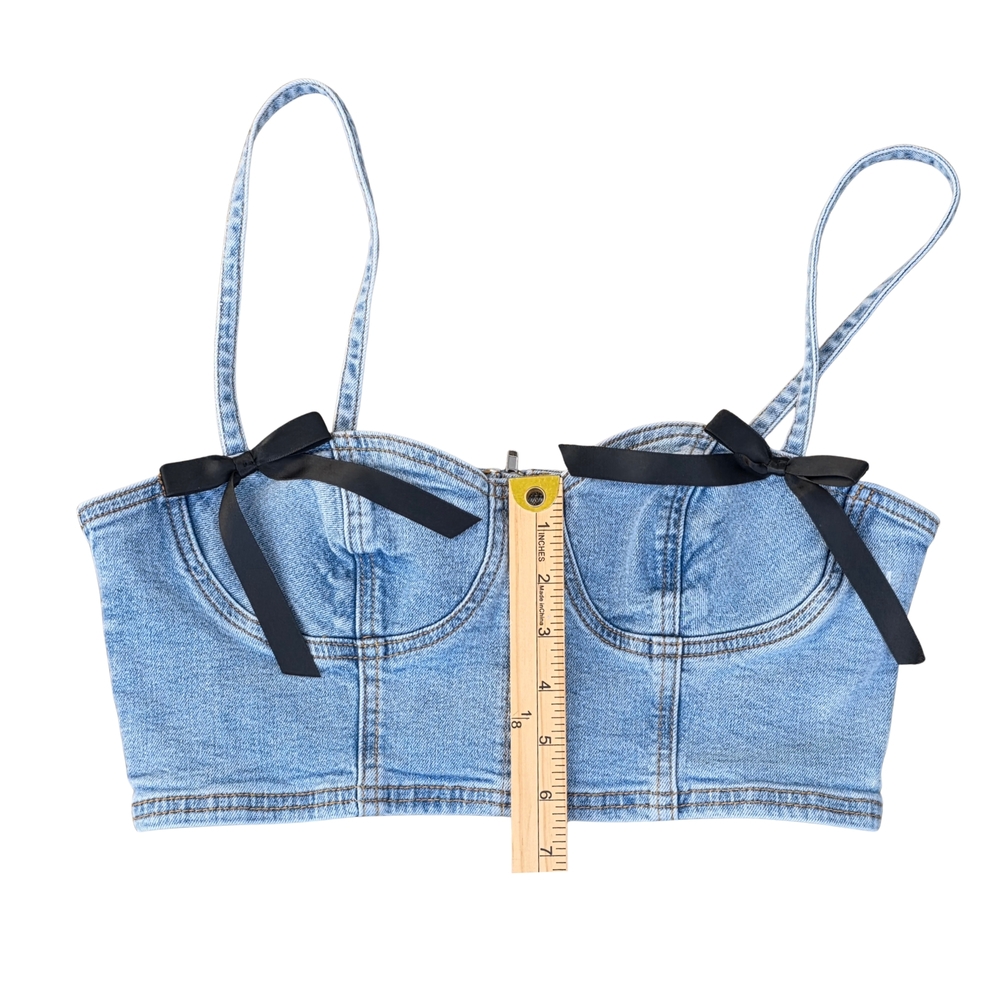 PacSun Denim Bustier Crop Bra Top M Y2K Coquette Bow Corset Style - Picture 12 of 16